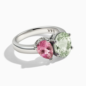 925 Sterling Silver Pear Pink Tourmaline & Oval Green Amethyst Toi et Moi Ring - Twin Reverie Front View