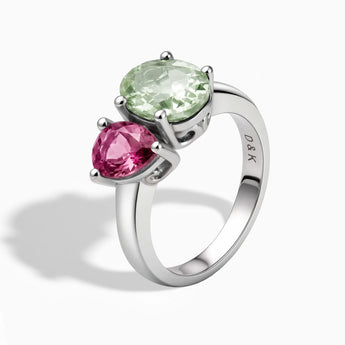 925 Sterling Silver Pear Pink Tourmaline & Oval Green Amethyst Toi et Moi Ring - Twin Reverie Side View