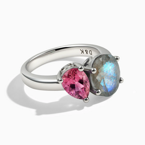 925 Sterling Silver Pear Pink Tourmaline & Oval Labradorite Toi et Moi Ring - Twin Reverie Front View