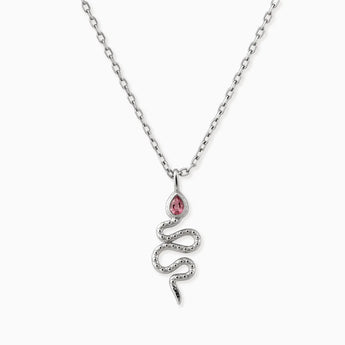 925 Sterling Silver Pear Pink Tourmaline Serpent Pendant Necklace Meander Front View