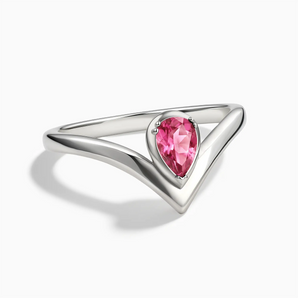 925 Sterling Silver Pear Pink Tourmaline V Band Ring - Chevron Front View