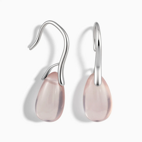 925 Sterling Silver Pear Rose Quartz Dangle Earrings - Dew Arc Front View