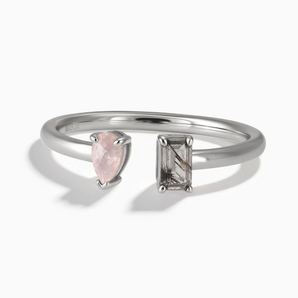 925 Sterling Silver Pear Rose Quartz Emerald Cut Black Rutilated Quartz Toi et Moi Open Ring - Two Souls Front View