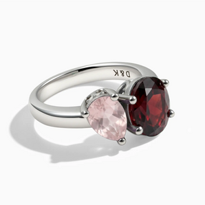 925 Sterling Silver Pear Rose Quartz & Oval Garnet Toi et Moi Ring - Twin Reverie Front View