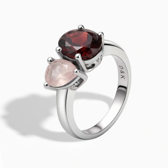 925 Sterling Silver Pear Rose Quartz & Oval Garnet Toi et Moi Ring - Twin Reverie Side View