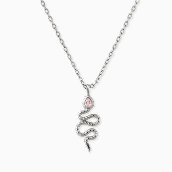 925 Sterling Silver Pear Rose Quartz Serpent Pendant Necklace Meander Front View