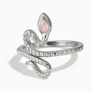 925 Sterling Silver Pear Rose Quartz Serpent Ring - Mystic Coil Front View