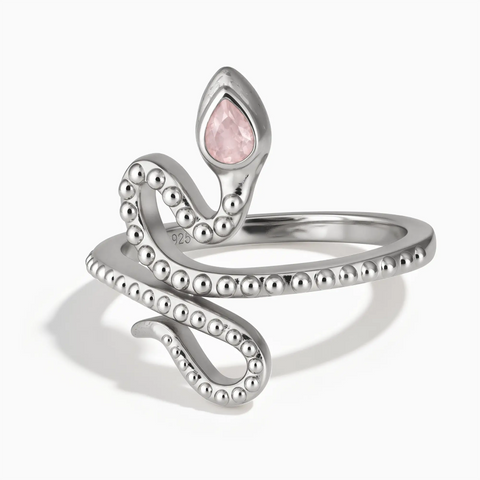 925 Sterling Silver Pear Rose Quartz Serpent Ring - Mystic Coil Front View