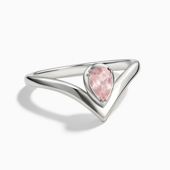 925 Sterling Silver Pear Rose Quartz V Band Ring - Chevron Front View