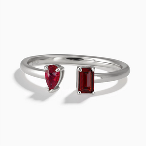 925 Sterling Silver Pear Ruby Emerald Cut Garnet Toi et Moi Open Ring - Two Souls Front View