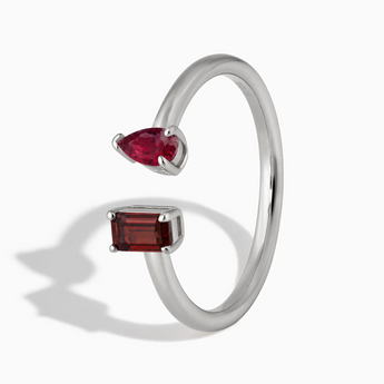 925 Sterling Silver Pear Ruby Emerald Cut Garnet Toi et Moi Open Ring - Two Souls Side View