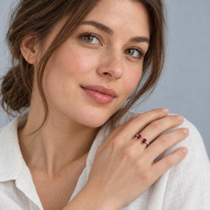925 Sterling Silver Pear Ruby Emerald Cut Garnet Toi et Moi Open Ring - Two Souls Worn View