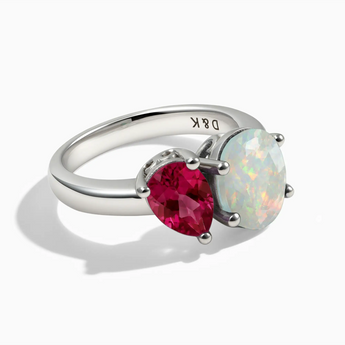 925 Sterling Silver Pear Ruby & Oval Opal Toi et Moi Ring - Twin Reverie Front View