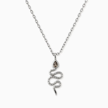 925 Sterling Silver Pear Smoky Quartz Serpent Pendant Necklace Meander Front View