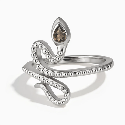 925 Sterling Silver Pear Smoky Quartz Serpent Ring - Mystic Coil Front View