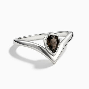 925 Sterling Silver Pear Smoky Quartz V Band Ring - Chevron Front View