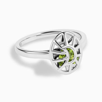 925 Sterling Silver Peridot Crescent Moon Hollow Oval Shaker Ring - Soul Cage Angled Front View