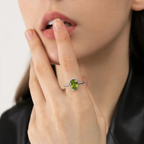 925 Sterling Silver Peridot Pear Ring - Still Light Model Shot
