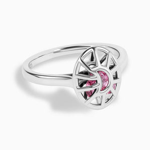 925 Sterling Silver Pink Tourmaline Crescent Moon Hollow Oval Shaker Ring - Soul Cage Angled Front View