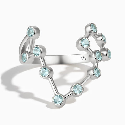 925 Sterling Silver Pisces Zodiac Constellation Ring - Aquamarine Front View