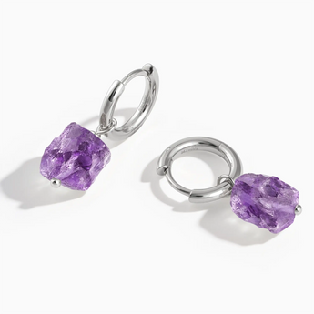 925 Sterling Silver Raw Amethyst Drop Hoop Earrings - Untamed Grace Front View