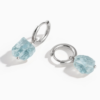 925 Sterling Silver Raw Aquamarine Drop Hoop Earrings - Untamed Grace Front View