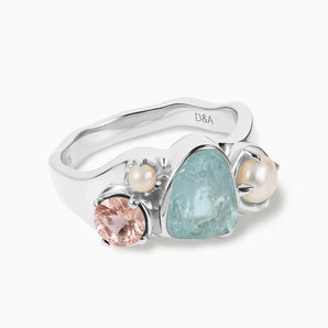 925 Sterling Silver Raw Aquamarine & Round Morganite Wavy Ring - Rolling Tides Front View