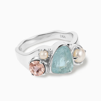 925 Sterling Silver Raw Aquamarine & Round Morganite Wavy Ring - Rolling Tides Front View