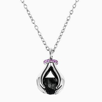 925 Sterling Silver Raw Black Onyx Cradle Necklace - Guardian Hands Front View