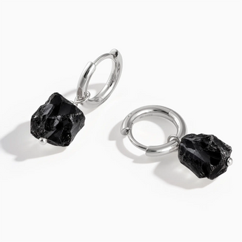 925 Sterling Silver Raw Black Onyx Drop Hoop Earrings - Untamed Grace Front View