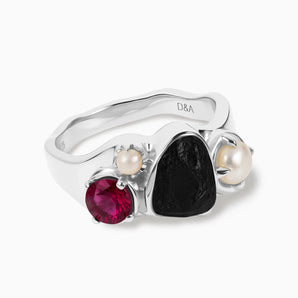 925 Sterling Silver Raw Black Onyx & Round Ruby Wavy Ring - Rolling Tides Front View