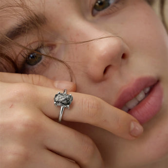 925 Sterling Silver Raw Black Rutilated Quartz Ring - Freeform Worn View