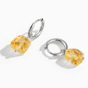 925 Sterling Silver Raw Citrine Drop Hoop Earrings - Untamed Grace Front View
