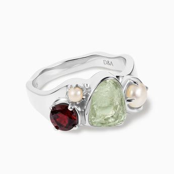 925 Sterling Silver Raw Green Amethyst & Round Garnet Wavy Ring - Rolling Tides Front View