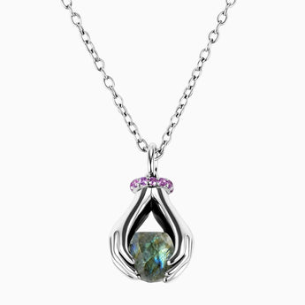 925 Sterling Silver Raw Labradorite Cradle Necklace - Guardian Hands Front View