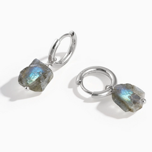 925 Sterling Silver Raw Labradorite Drop Hoop Earrings - Untamed Grace Front View