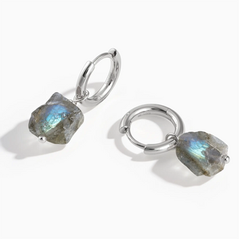 925 Sterling Silver Raw Labradorite Drop Hoop Earrings - Untamed Grace Front View