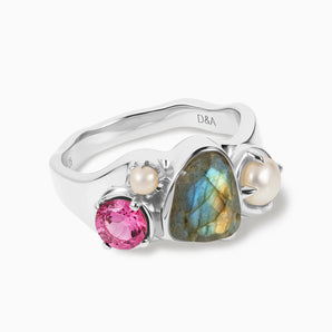 925 Sterling Silver Raw Labradorite & Round Pink Tourmaline Wavy Ring - Rolling Tides Front View