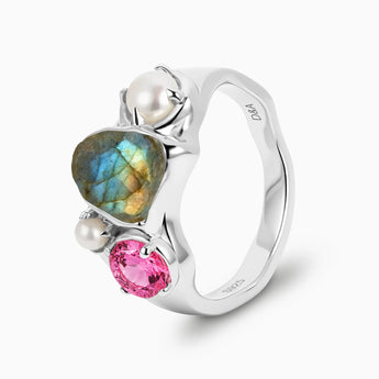 925 Sterling Silver Raw Labradorite & Round Pink Tourmaline Wavy Ring - Rolling Tides Side View