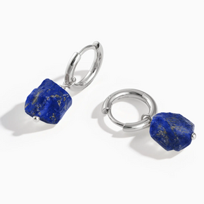 925 Sterling Silver Raw Lapis Lazuli Drop Hoop Earrings - Untamed Grace Front View