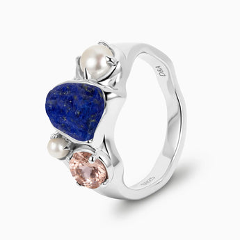 925 Sterling Silver Raw Lapis Lazuli & Round Morganite Wavy Ring - Rolling Tides Side View