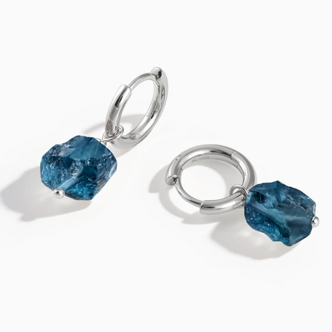 925 Sterling Silver Raw London Blue Topaz Drop Hoop Earrings - Untamed Grace Front View