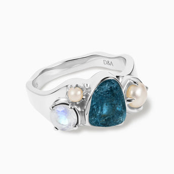 925 Sterling Silver Raw London Blue Topaz & Round Moonstone Wavy Ring - Rolling Tides Front View