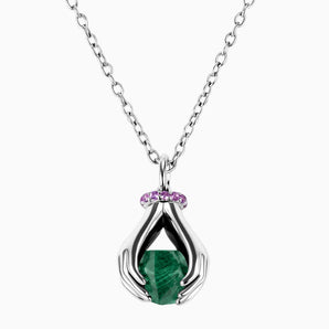 925 Sterling Silver Raw Malachite Cradle Necklace - Guardian Hands Front View