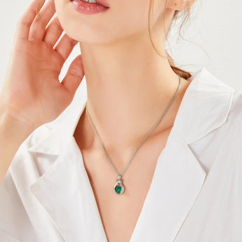 925 Sterling Silver Raw Malachite Cradle Necklace - Guardian Hands Model Shot