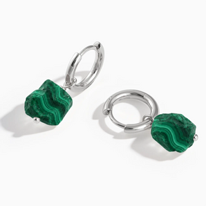 925 Sterling Silver Raw Malachite Drop Hoop Earrings - Untamed Grace Front View