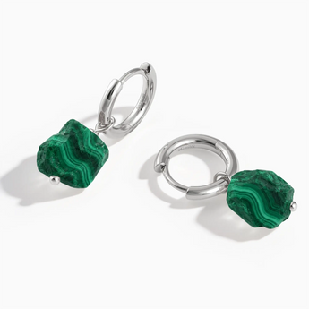925 Sterling Silver Raw Malachite Drop Hoop Earrings - Untamed Grace Front View