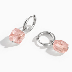 925 Sterling Silver Raw Morganite Drop Hoop Earrings - Untamed Grace Front View
