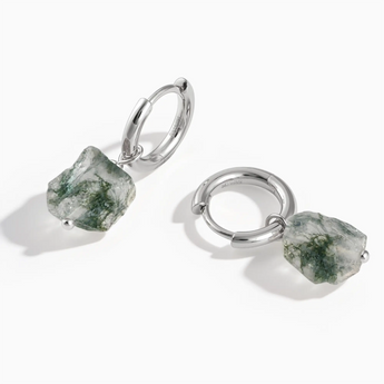 925 Sterling Silver Raw Moss Agate Drop Hoop Earrings - Untamed Grace Front View