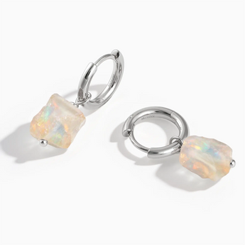 925 Sterling Silver Raw Opal Drop Hoop Earrings - Untamed Grace Front View